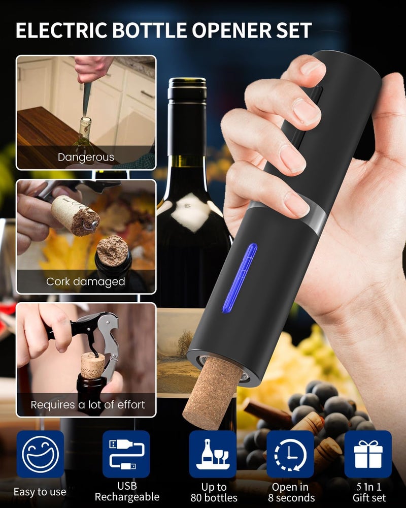 CircleJoy Electric Wine Bottle Opener Set - Rechargeable Cordless Wine Corkscrew with Charging Base, Foil Cutter, Aerator Pourer and Stopper - Image 2